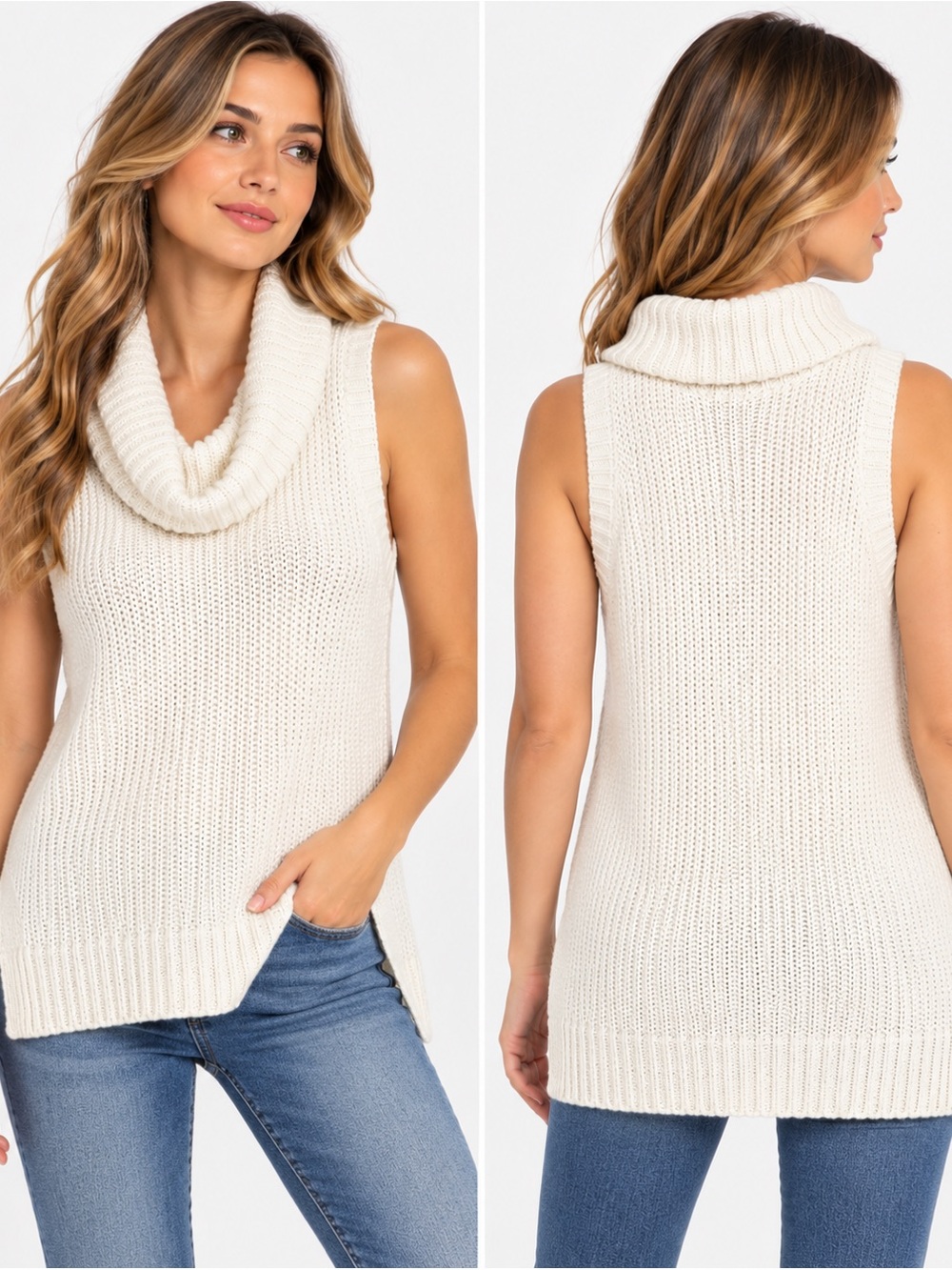 Faded Glory Ivory Sleeveless Cowl Neck Knit Sweater Tunic L